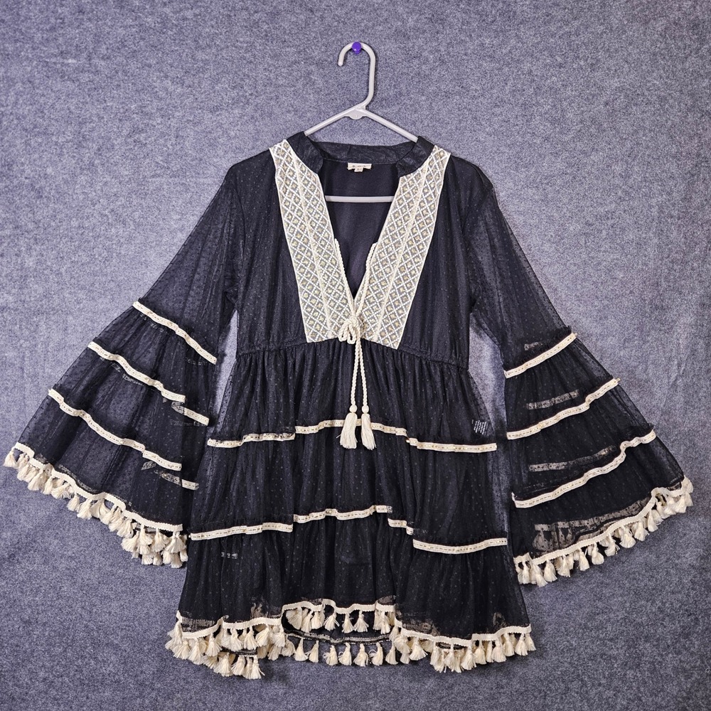 POL Women Black Swiss Dot Tassel Boho Peasant Gypsy Cover Up Dress Beach Sz L